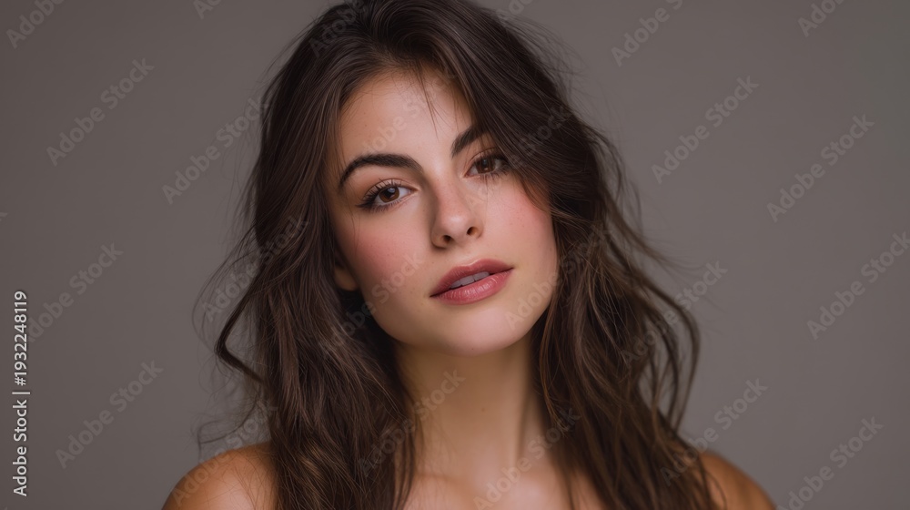 Fototapeta premium Elegant young woman with natural makeup and flowing brown hair against neutral backdrop, showcasing soft beauty and confidence