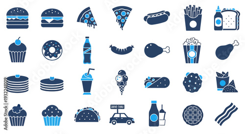 Blue vector food icons collection featuring pizza, donuts, desserts and beverages in a playful set.