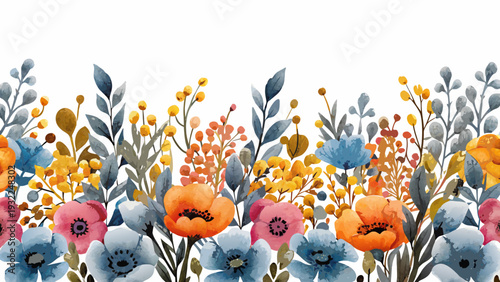 Watercolor floral arrangement featuring colorful blooms and lush foliage