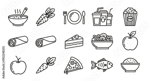 Collection of hand-drawn food and kitchen icons featuring coffee, bread, fruits, pizza and snacks.