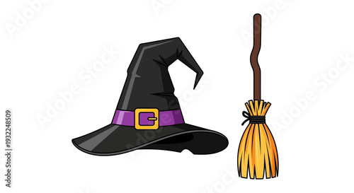 Iconic Halloween Witch Hat and Broomstick Duo