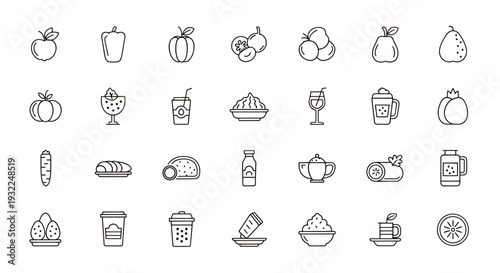 Collection of outline icons showing a variety of food and beverage items for design and branding projects.
