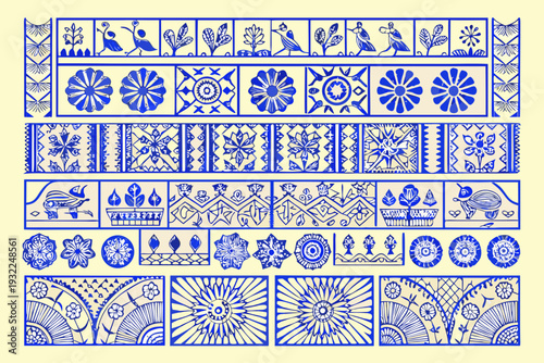 Blue and white decorative tile patterns arranged in horizontal rows