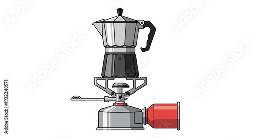 Illustrated Moka pot coffee maker on portable camping gas stove