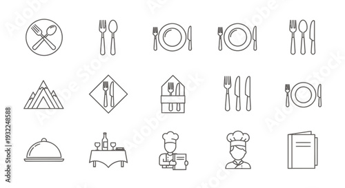 Set of simple line icons including dining utensils, buildings, nature and everyday objects in outline style.