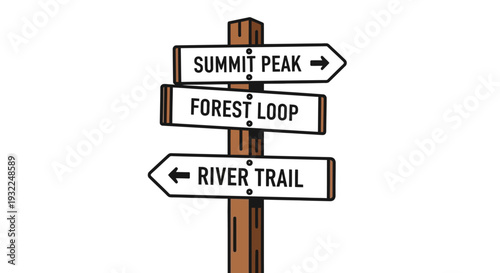Illustrated wooden trail signpost with directions for Summit Peak, Forest Loop, and River Trail.