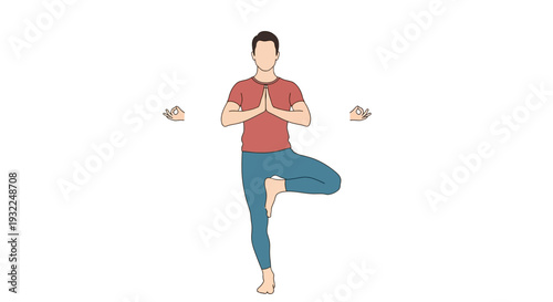 Man in Yoga Tree Pose with Mudra Hand Gestures