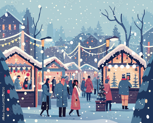 A bustling winter christmas market scene with snow and festive lights