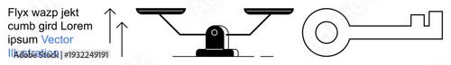 Justice, growth, security, decision making, equality, law. Minimalist balance scale, upward arrow and key outline. Justice and growth concept in a symbolic and modern