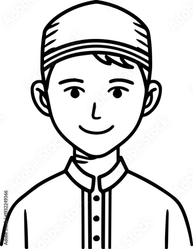 Smiling boy wearing traditional Muslim clothing and kufi cap