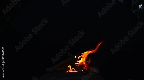 Glowing orange bonfire flames flickering in the dark background. Abstract element of wild fire, danger, and passion isolated on black. Concept of light, survival, heat, and energy.