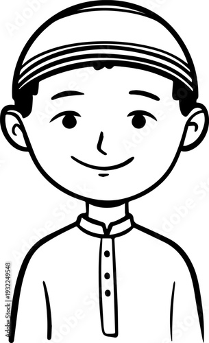 Smiling boy wearing traditional Muslim clothing and kufi cap