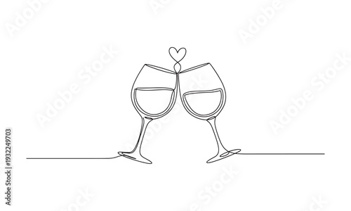 Continuous Line Drawing Wine Glasses Cheers with Heart Romantic Minimal Illustration