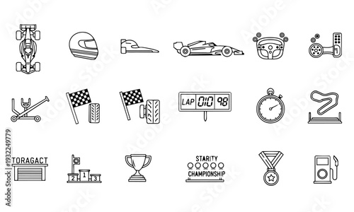 Motorsport Racing Line Icon Set – Formula Car, Helmet, Lap Timer, Track and Championship Outline Vector