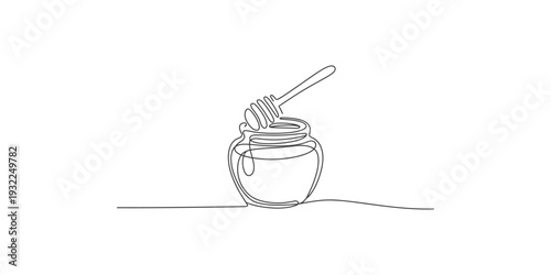 Continuous line drawing of a small, round honey pot with a wooden dipper inside, dripping honey
