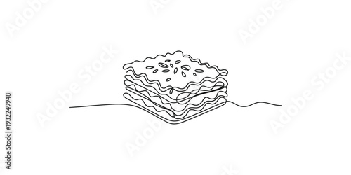 A simple continuous line art illustration of a layered piece of lasagna on a white background