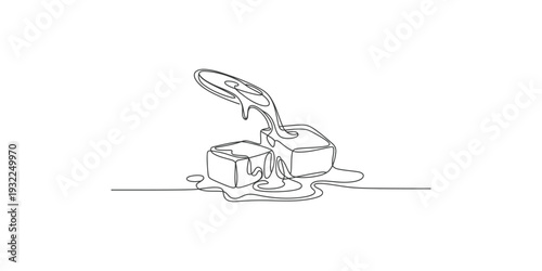 A simple black and white line art illustration of a small spatula lifting a melting ice cube from another cube on a surface.