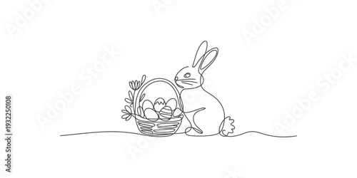 Simple line art illustration of an easter bunny sitting next to a basket filled with eggs