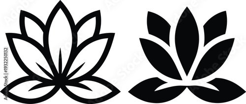 Minimalist Lotus Flower Icons Set Featuring Elegant Linear Outline and Solid Black Silhouette Style Symbols for Yoga Wellness Spa Nature Logo and Decorative Design