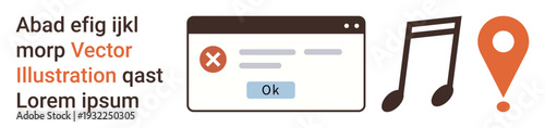Interface design, digital navigation, error notifications, music apps, maps, web concepts. ion of an error popup, music note and location pin. Interface design and digital navigation