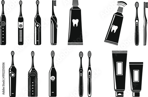 Black and White Dental Care Vector Set Featuring Electric Toothbrushes, Manual Brushes, and Toothpaste Tubes for Oral Hygiene, Health, and Silhouette Design Projects.
