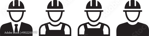 Four faceless workers in different uniforms and hard hats silhouettes construction