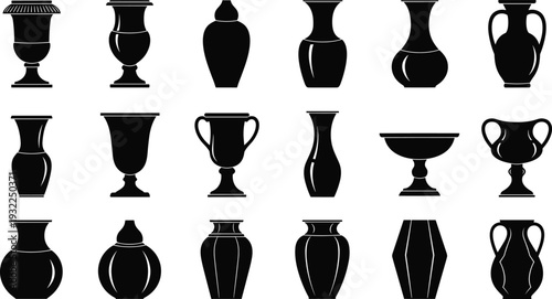 Black silhouette collection of decorative ceramic vases, ancient greek amphoras, modern pottery jars, and elegant clay bowls isolated on white background for vector design.