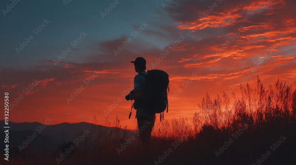 Obraz premium Hiker with Backpack Silhouette Against Stunning Sunset Sky with Vibrant Colors and Dramatic Cloud Formations