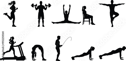 Black silhouette set of male hikers and travelers with backpacks and trekking poles celebrating success and pointing direction isolated on white background for adventure.