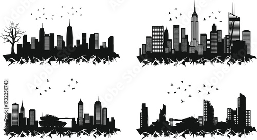Black silhouette vector set of a city skyline transitioning from a peaceful urban landscape with birds to a war zone with military tanks and ruins