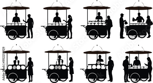 Black Vector Silhouette Set of Customers Buying Fresh Fruit from Street Food Carts with Vendors to Represent Marketplace Commerce, Healthy Eating, and Local Urban Shopping.