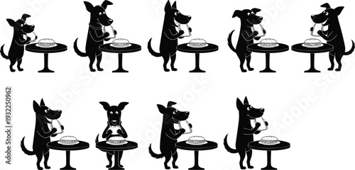 Black Vector Silhouette Set of Cute Dogs Sitting at Tables and Eating Sandwiches for Pet Lifestyle, Animal Cafe, Funny Character Design, and Veterinary Graphics.