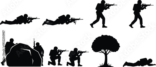Black silhouette vector set of soldiers in various combat poses including prone aiming kneeling firing and walking with rifles for tactical military design projects