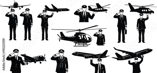 Black Vector Silhouette Set of Pilots Saluting Next to Airplanes and Helicopters Representing Aviation Industry, Commercial Flights, Military Air Force, and Professional Aircraft Pilots.