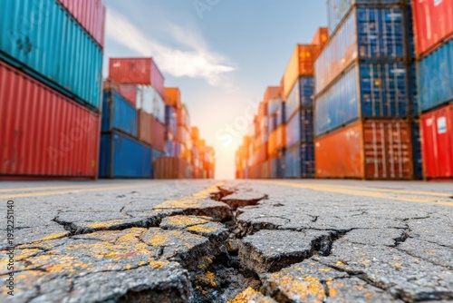 Cargo port with containers on both sides and a damaged road in the middle. concept of the economic impact