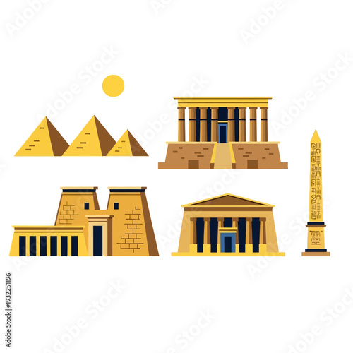 Ancient Egypt Icons: Pyramids, Temples, Obelisk, Sun
