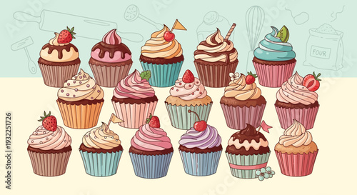 A cute seamless pattern vector illustration of a delicious birthday party set featuring cartoon chocolate cupcakes with cream, strawberry cakes, and sweet cherry muffins for a bakery dessert food set