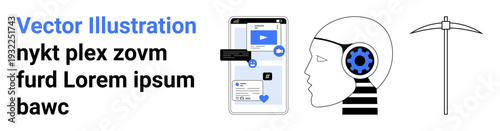 Artificial intelligence, data mining, digital technology, human-machine interaction, software development, innovation. A smartphone interface, head with gear icon, and pickaxe illustration
