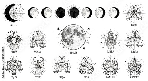 Set of hand drawn animals and vector zodiac signs featuring cute cartoon icons and seamless pattern elements for vintage nature art wallpaper decoration