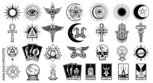 Vintage black hand drawn vector set of floral tattoo ornaments featuring circular gear wheels and seamless silhouette flower patterns in a decorative art style