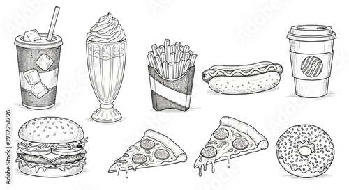 Vintage hand drawn vector illustration set of bakery desserts and restaurant food icons featuring sketches of coffee, cupcakes, burgers, and bread patterns for seamless cafe branding art