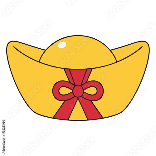 A cartoon illustration of a traditional Chinese gold ingot with a red ribbon bow.