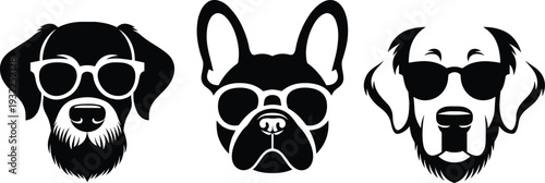Cool Dog Faces with Sunglasses Silhouette Vector Set, Stylish Puppy Portrait Collection in Black and White Isolated on Light Background
