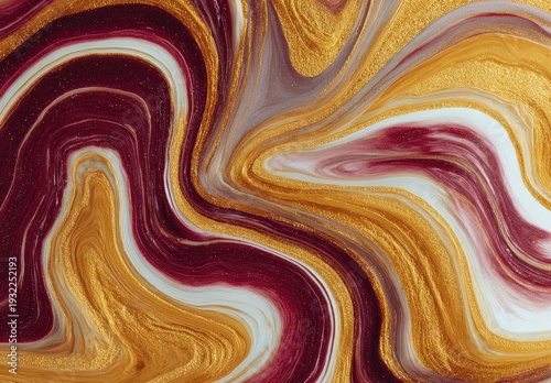 Abstract swirl of gold, red, and white marbled pattern