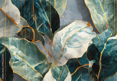 Abstract floral design with gold accents and textured leaves.