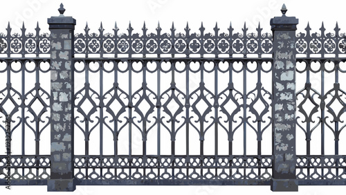 Ornate wrought iron fence with decorative posts and repeating patterns
