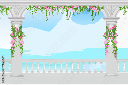 Floral archway overlooking a tranquil seascape with a pale blue sky