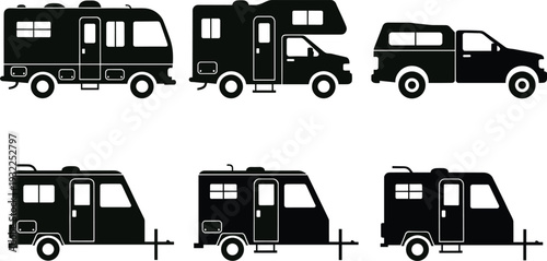 Black Recreational Vehicle Silhouette Set Featuring Motorhomes Travel Trailers and Camper Vans Isolated on White Background for Family Vacation Camping Road Trip and Outdoor Adventure Design
