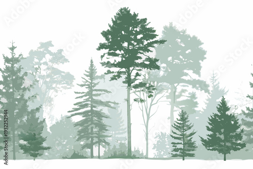 Stylized forest scene featuring varying shades of green pine trees