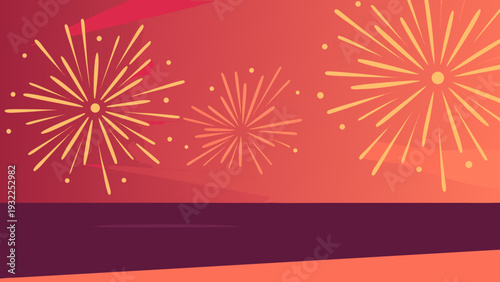 Stylized illustration of colorful fireworks against a reddish orange gradient sky